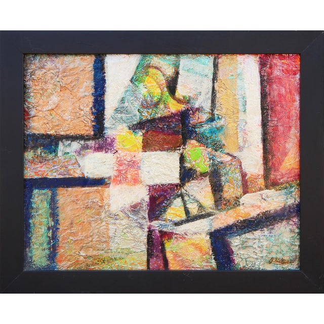 Abstract David Adickes Modern Abstract Red, Orange, and Yellow Toned Cubist Inspired Foil Painting, 2008 For Sale - Image 3 of 8