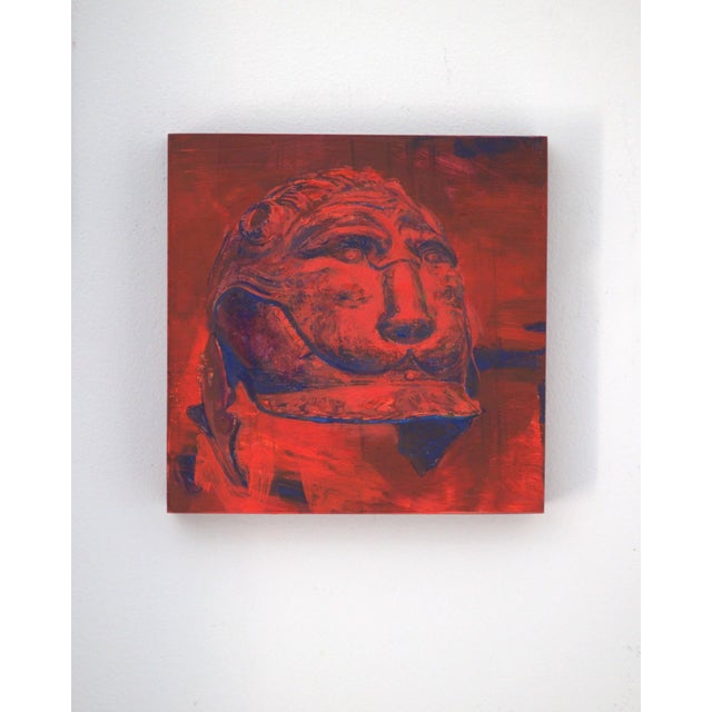 Contemporary Wild Animal by Elena Burykina | Oil on panel Head of a stylized lion sculpture on a red background. For Sale - Image 3 of 5