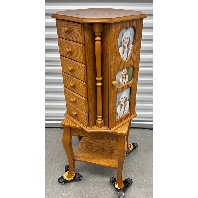 1960s Mid Century Revolving Jewelry Armoire in Oak Finish Free Standing Pilasters Mirror Chest of Draws For Sale - Image 16 of 17