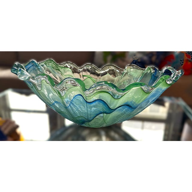 Murano Green and Blue Scalloped Large Glass Statement Bowl For Sale In New York - Image 6 of 10