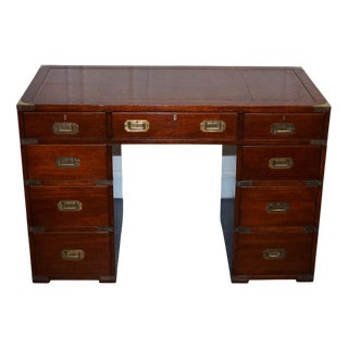 Military Campaign Twin Pedestal Desk with Leather Top For Sale