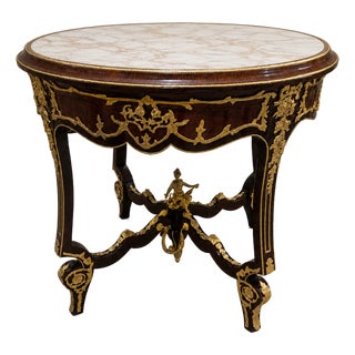 Italian Center Table – Gold Leaf Wood Base With Glass Top & Marble Look Design For Sale