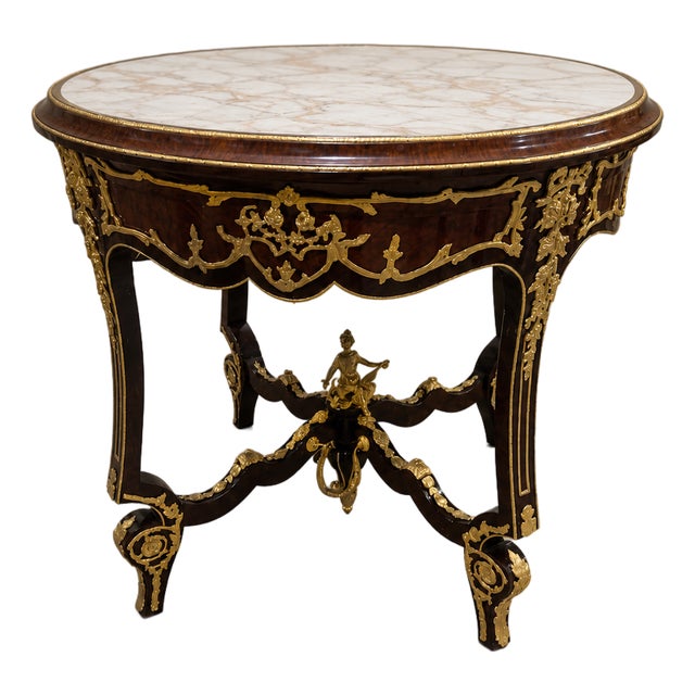 Italian Center Table – Gold Leaf Wood Base With Glass Top & Marble Look Design For Sale
