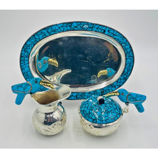 1960s Fajardo Taxco Silver Plate Brass Lapis Toucan Creamer Sugar Tray Set - 3pcs For Sale - Image 11 of 18