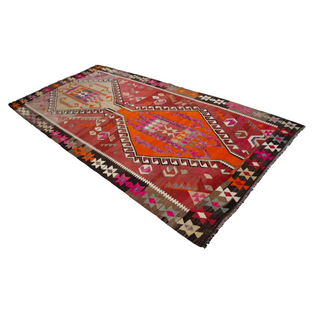 5x11 Turkish Rug, Handwoven Wool Kilim in Muted Red & Bright Orange, Eastern Anatolian Tribal Art, Rustic Farmhouse Decor For Sale - Image 6 of 16