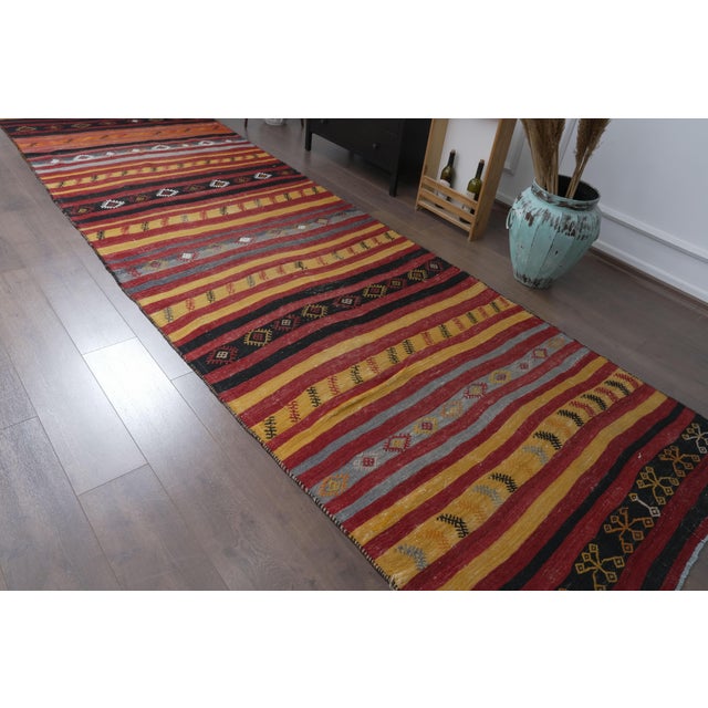 1960s 1960 Vintage Anatolian Flatweave Kilim Runner - Handwoven Striped Rug With Geometric Tribal Motifs - Red Yellow Black Accent Rug For Sale - Image 5 of 9