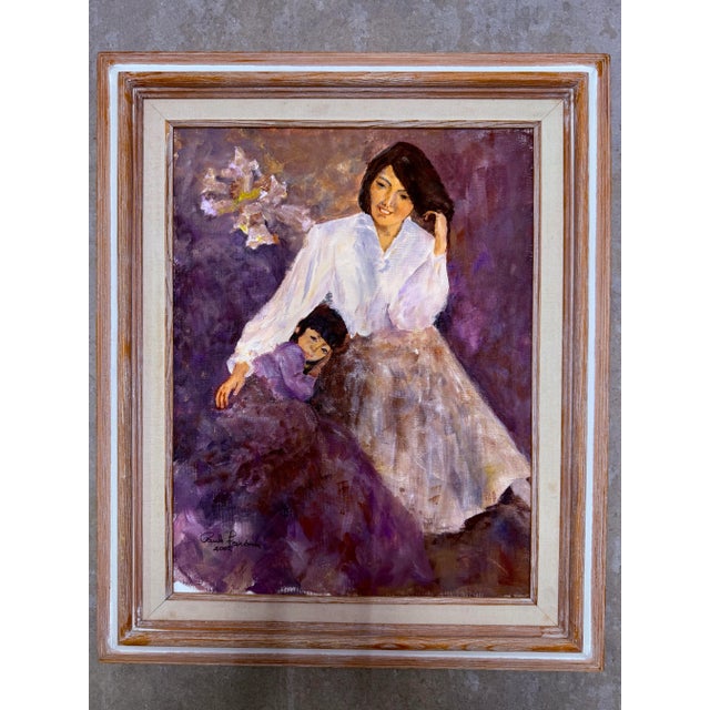 Contemporary Vintage Mother and Daughter Framed Purple Floral Portrait Painting, Signed For Sale - Image 3 of 6