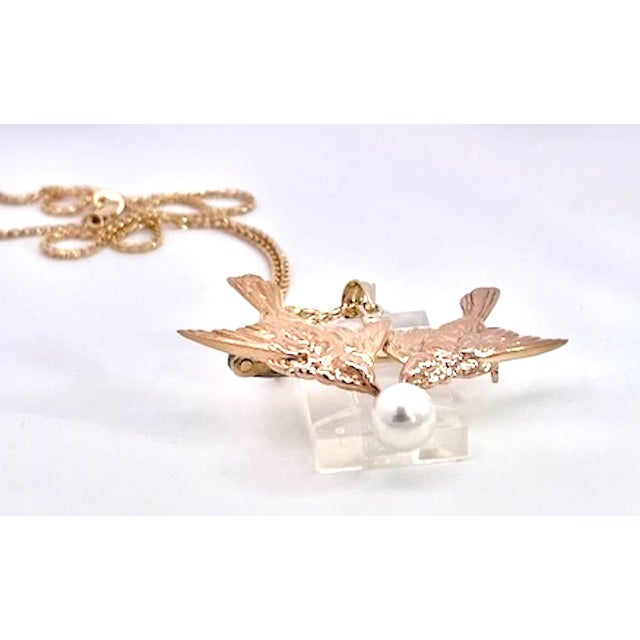1950s 1950s Double Bird Brooch Pendant W/Pearl 14k For Sale - Image 5 of 9