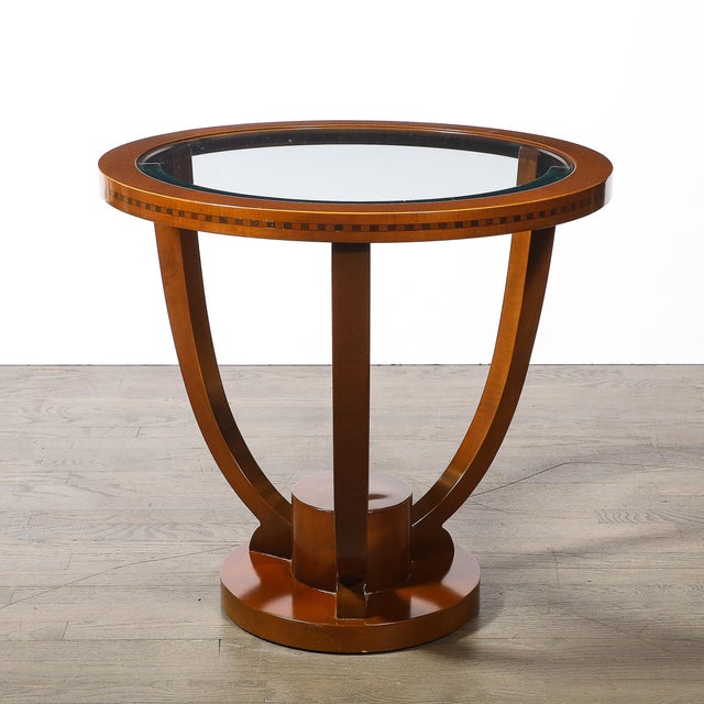 Wood Mid 20th Century Art Deco Inset Glass Top Gueridon Table in Hand-Rubbed Walnut W/ Inlayed Details For Sale - Image 7 of 9