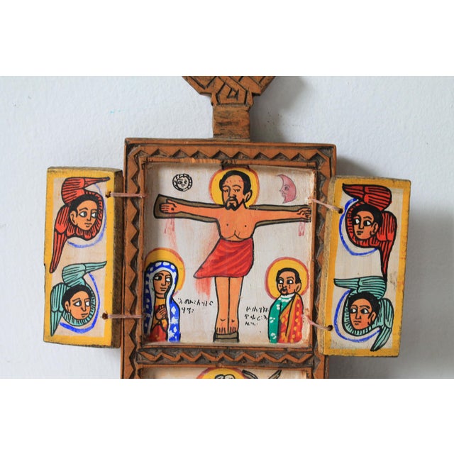 Ethiopian Orthodox Coptic Triptych Icon Hand Painted Crucifixion & Resurrection Scene For Sale - Image 4 of 13
