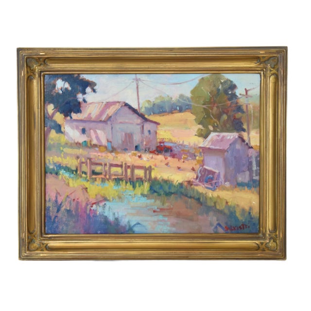 Silvio Silvestri, Listed Artist (1948-2018) Grass Valley Farm With Pond Landscape Painting Including the Ornate Antique Gold Frame For Sale - Image 9 of 11