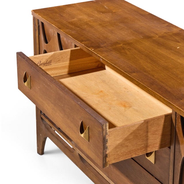 Wood Broyhill Brasilia Mid Century Walnut and Brass Credenza For Sale - Image 7 of 10