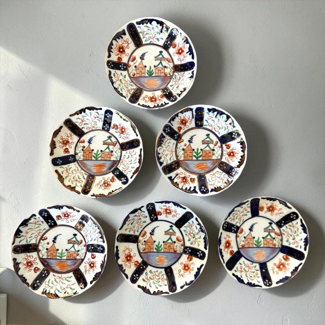 Ceramic Set of Six Antique Gaudy Welsh Hand-Painted Saucers, Chinoiserie Landscape, English Pottery, C. 1820–1860 For Sale - Image 7 of 9