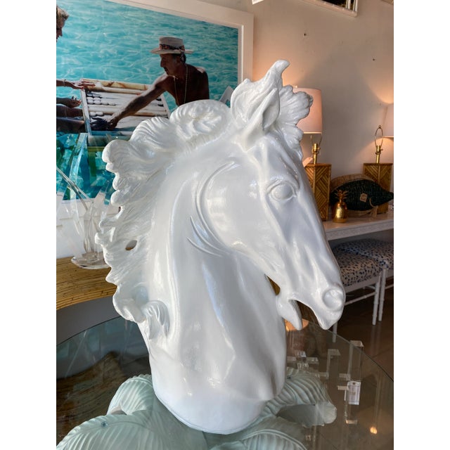 Vintage Plaster White Lacquered Modern Large Horse Head Statue For Sale - Image 9 of 12