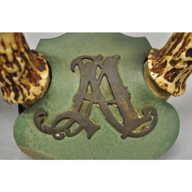 Antique Victorian Taxidermy Whitetail Deer Antler Wall Mount Metal Shield Plaque For Sale - Image 4 of 15
