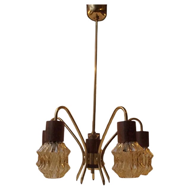 Mid-Century Danish Rosewood, Brass & Glass Spider Chandelier, 1950s For Sale