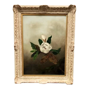 Mid 19th Century "Floral Study of Opening Magnolia Blossom" Botanical Still Life Painting, Framed.