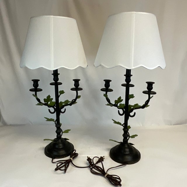 1985 Vintage Maitland-Smith French Bouillotte Style Cast Iron Table Lamp With Leaves - A Pair, Attributed, Artist Signed For Sale - Image 11 of 12