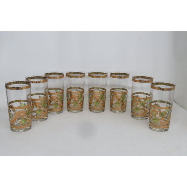 Glass Culver Highball Glasses Green Ivy and 22k Gold Vines Set of Eight 4602b For Sale - Image 7 of 12
