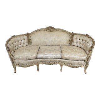 Vintage French Louis XV–Style Carved Sofa Carved Solid Wood Frame For Sale