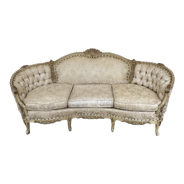 Vintage French Louis XV–Style Carved Sofa Carved Solid Wood Frame For Sale