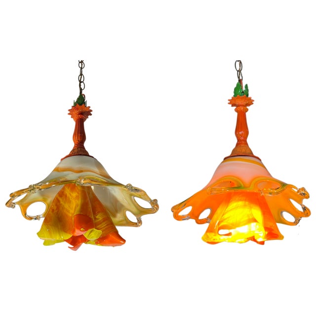 Murano Art Glass Looped Abstract Orange White Pendant Light For Sale - Image 9 of 18