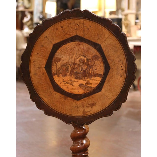 Rustic 19th Century Swiss Black Forest Walnut Tilt-Top Table With Marquetry Scene For Sale - Image 3 of 8