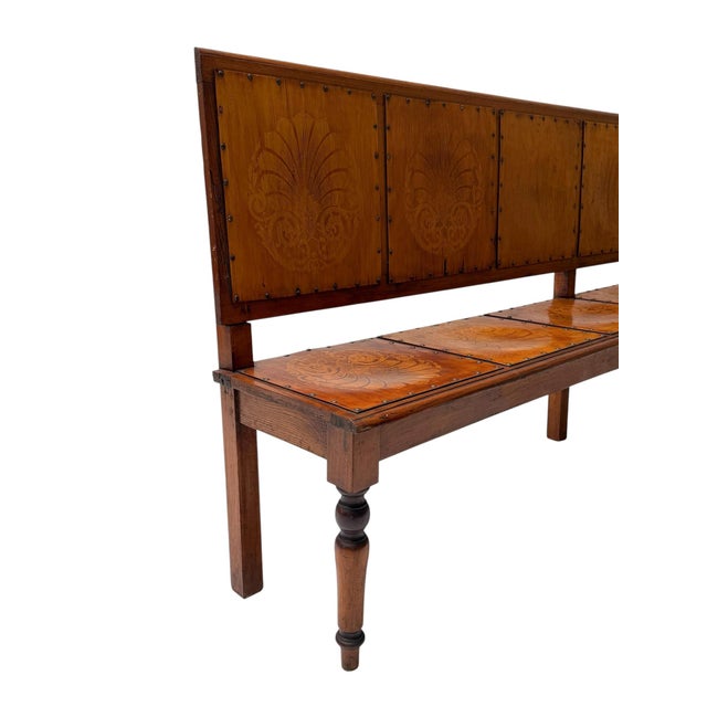 Brown Art Nouveau Dutch Hall Bench in Elm and Beech, 1900s For Sale - Image 8 of 16