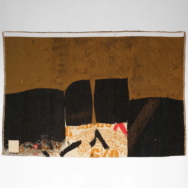 Handwoven in wool, this 7x10 vintage Slovenian tapestry from 1967 is a compelling example of mid-century European abstract...