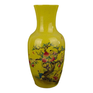 Chinese Ceramic Qing Dynasty Qianlong Marked Yellow Ground Crackle Glaze Porcelain Vase Hand Painted Nine Children With Peaches Pattern