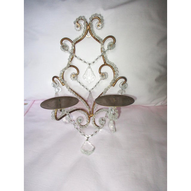 Vintage Hollywood Regency Ornate Gold Tole & Crystal Prisms Double Candle Wall Sconce For Sale In Columbia, SC - Image 6 of 6