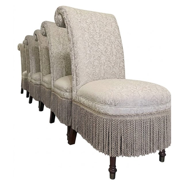 Designmaster for Domain Scroll-Back Damask Dining Chairs With Bullion Fringe & Turned Mahogany Legs, Set of 6 For Sale - Image 12 of 14