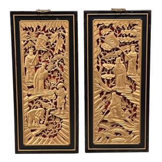 Chinese Gilded Hand-Carved Wood Lacquer Scholars Relief Wall Decor Panel Set For Sale