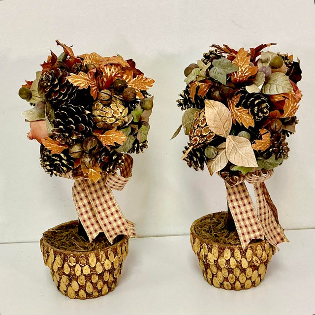 1980s Vintage Rustic Arts & Crafts Boho Chic Fall Mantel Centerpiece Topiaries - A Pair, Thanksgiving. For Sale - Image 11 of 16