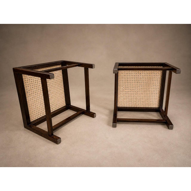 Mid-Century Modern Pair of Brazilian Modern Stools in Rosewood, Cane, and Olive Mohair Cushions — Liceu De Artes, 1960s For Sale - Image 3 of 18