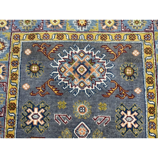 2000 - 2009 Slate Gray Kazak Style Rug With Floral Medallions and Blue Border, 3'3" X 4'9" For Sale - Image 5 of 13