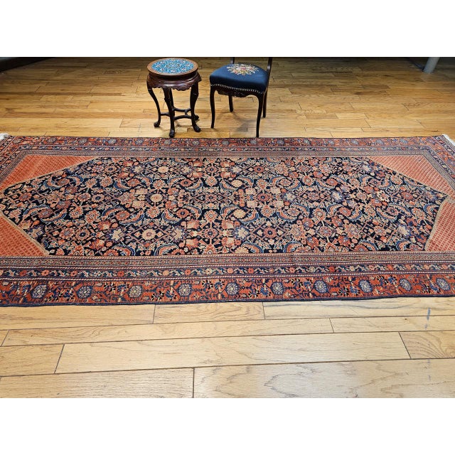 1900 - 1909 Vintage Persian Malayer Gallery Area Rug, Hand-Knotted Wool, Geometric Pattern, 5x13, Navy & Terracotta For Sale - Image 5 of 16