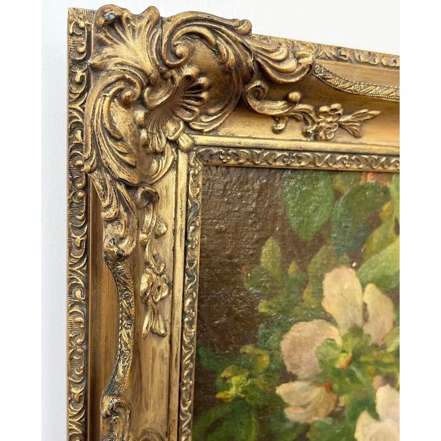 Semi Antique Oil on Linen Board Floral Painting in Ornate Gold Frame For Sale In Atlanta - Image 6 of 9