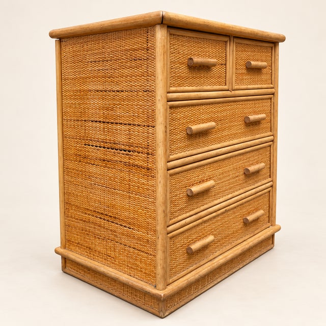 1960s Vintage Bohemian-Style Woven Rattan and Cane Chest of Drawers, 1960s For Sale - Image 5 of 9