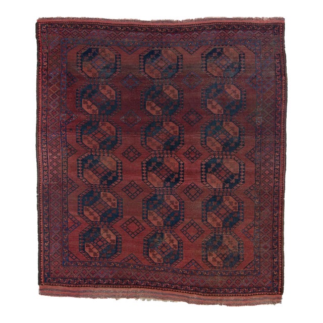 Antique Allover Tribal Geometric Coral Red Navy Blue Hand-Knotted Wool Low Pile Rug - 8’3” X 9’5” For Sale