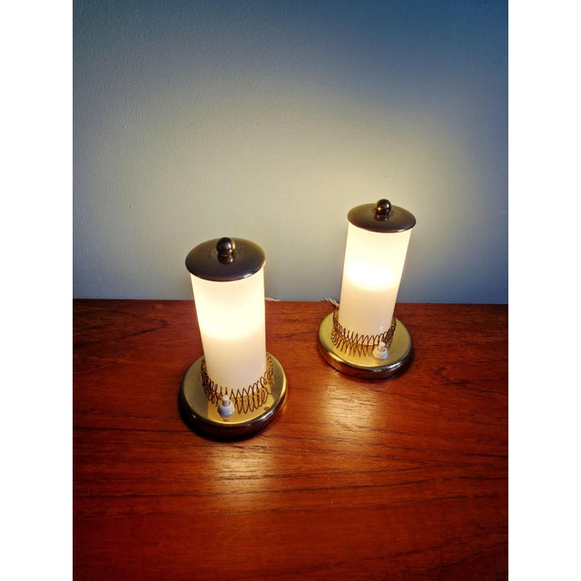 Beige Mid-Century Modern Bedside Lamps in Brass and Cream Opaline Glass, 1950, Set of 2 For Sale - Image 8 of 16