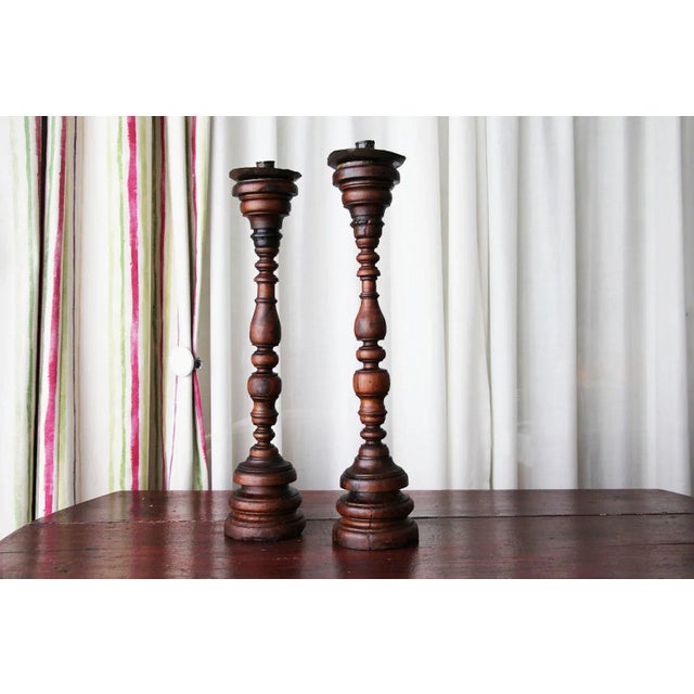 Baroque 17th/18th Century Portuguese Carved and Turned Wood Candlesticks - a Pair For Sale - Image 3 of 13