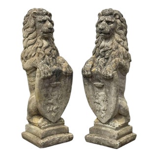 Pair of Cast Stone Armorial Lion Garden Statues From England - Two Available For Sale
