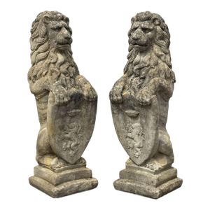 Pair of Cast Stone Armorial Lion Garden Statues From England - Two Available