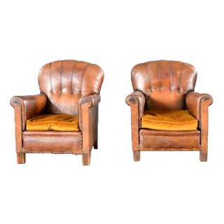 Art Deco French Leather Armchairs 1920s, Set of 2 For Sale