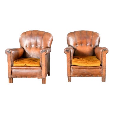 Art Deco French Leather Armchairs 1920s, Set of 2 For Sale