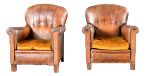 Art Deco French Leather Armchairs 1920s, Set of 2