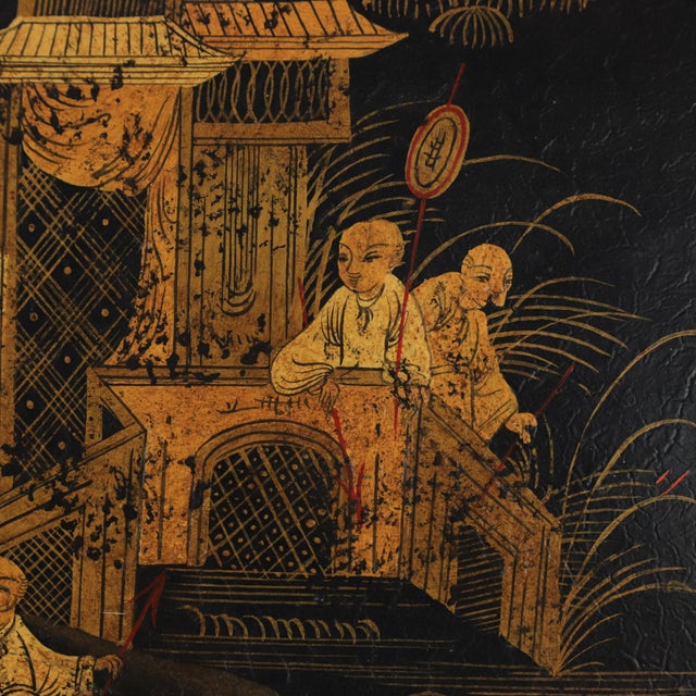 Vintage Hand Painted Chinoiserie Tole Tray Black Lacquer With Gold Gilt Scenic Pagoda Motif For Sale - Image 10 of 16