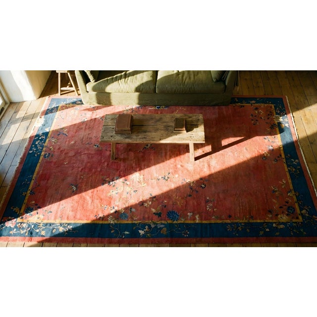 Excellent Red Scarlet Background and Navy Blue Border Color With Floral Design Antique Chinese Art Deco Rug For Sale - Image 12 of 12