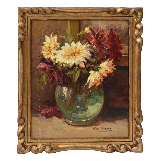 Kees Terlouw, Small Dahlias, Oil on Canvas, 20th Century, Framed For Sale - Image 11 of 11
